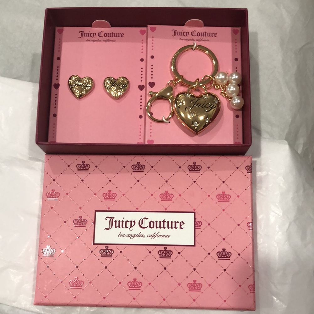 Juicy Couture gold tone studded puffy heart pearl bag charm y2k earrings set new